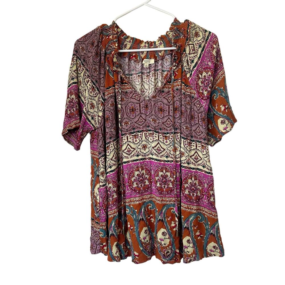 Kori America Boho Short Sleeve Top Purple Brown Size Medium
